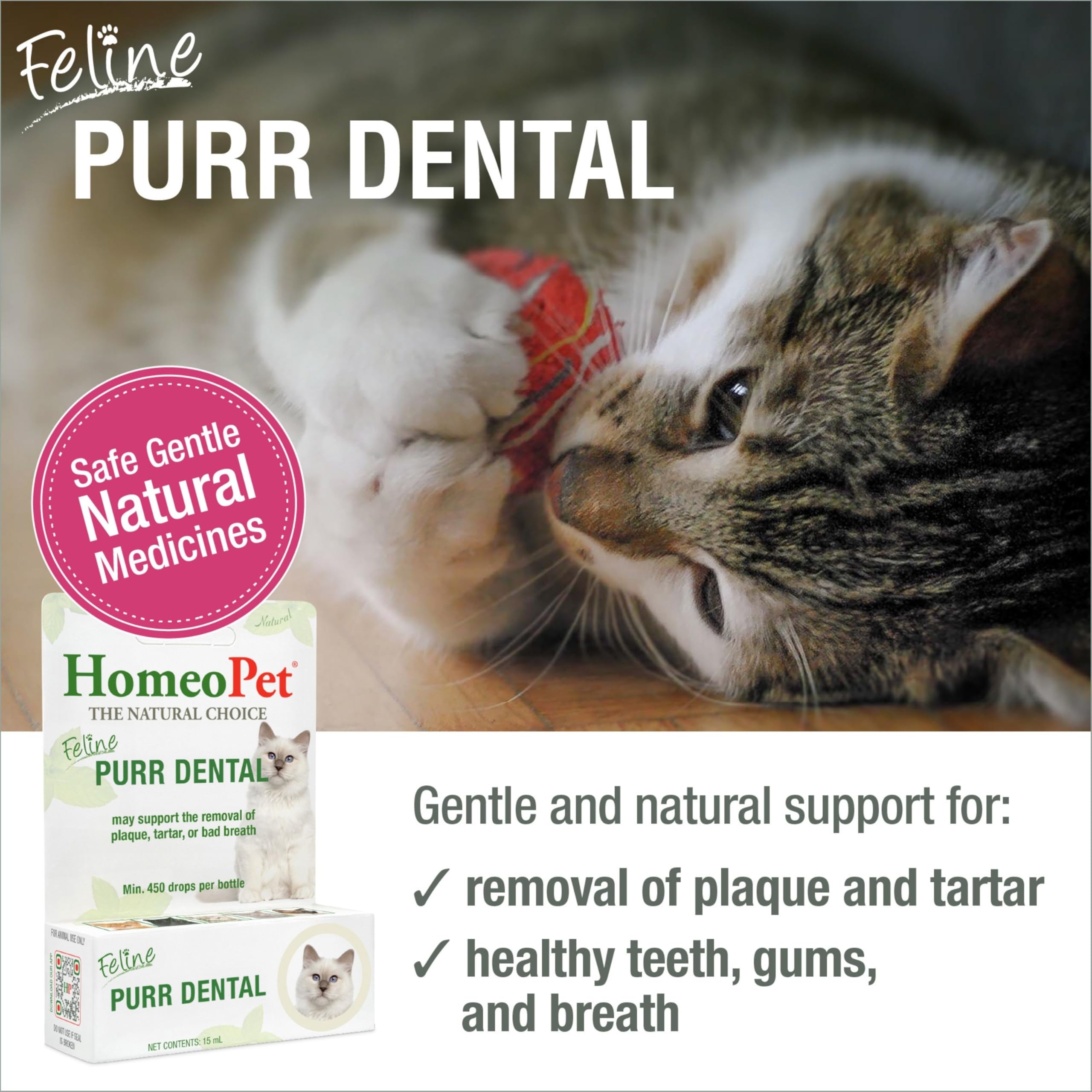 Gouttes HomeoPet Feline Purr Dental à ajouter dans le bol d'eau.
