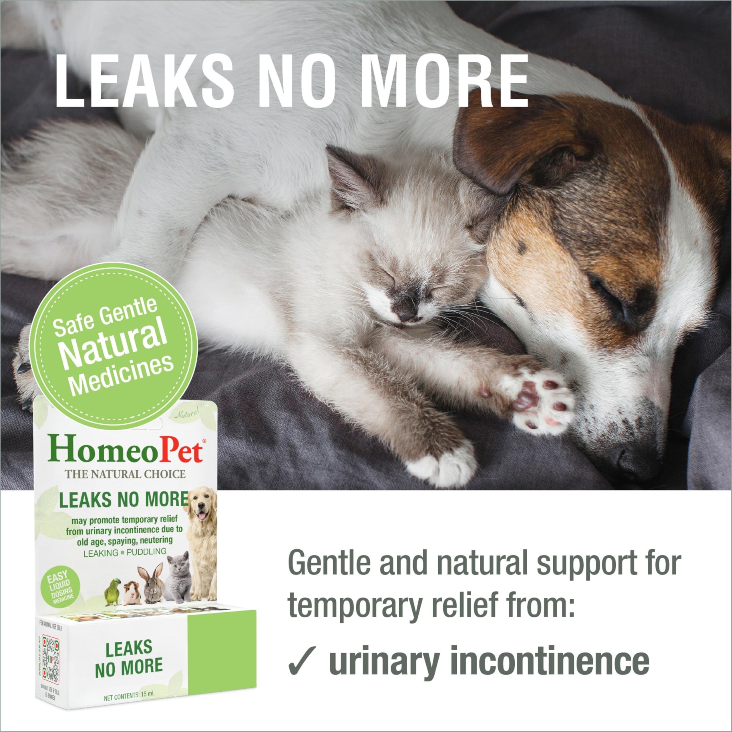 HomeoPet Leaks No More – etiquette-produit visible, formulation naturelle pour chiens et chats.