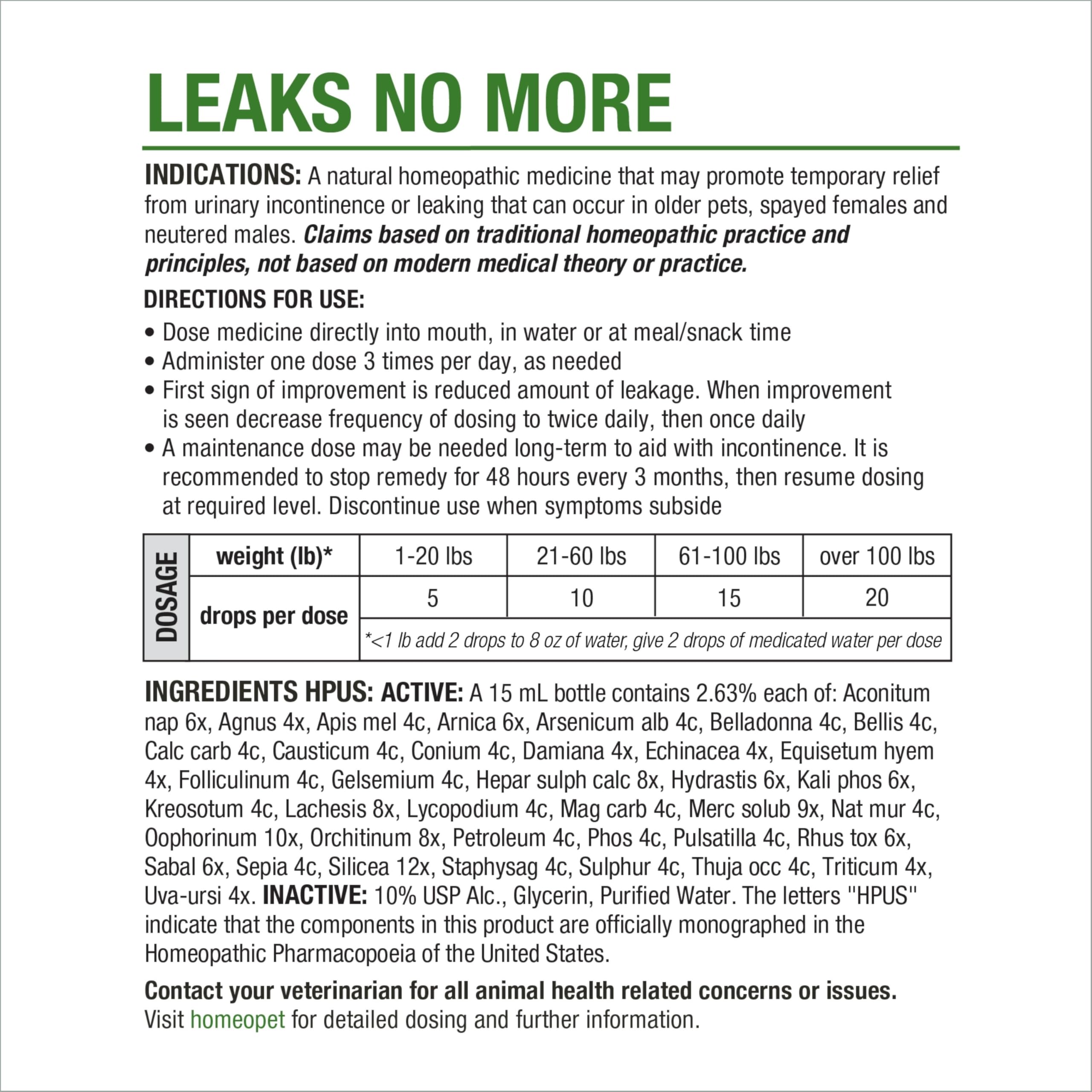 HomeoPet Leaks No More – adapté à tous âges et petits animaux.