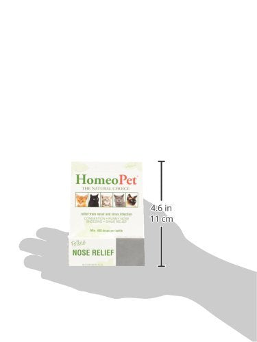 HomeoPet Nose Relief, emballage et étiquette clairs, utilisation sûre pour les chats.