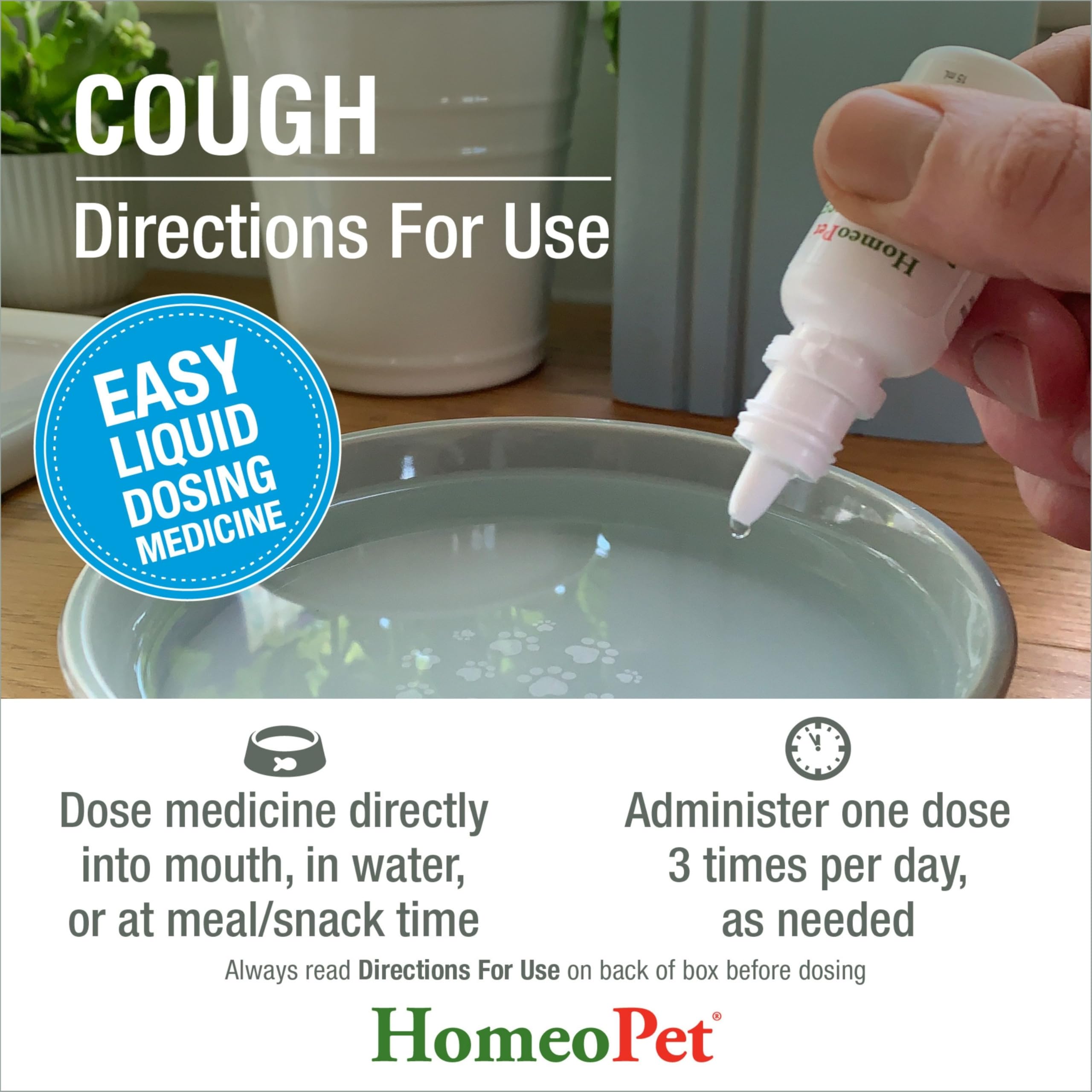 HomeoPet Toux – usage-eau et repas, solution pratique.