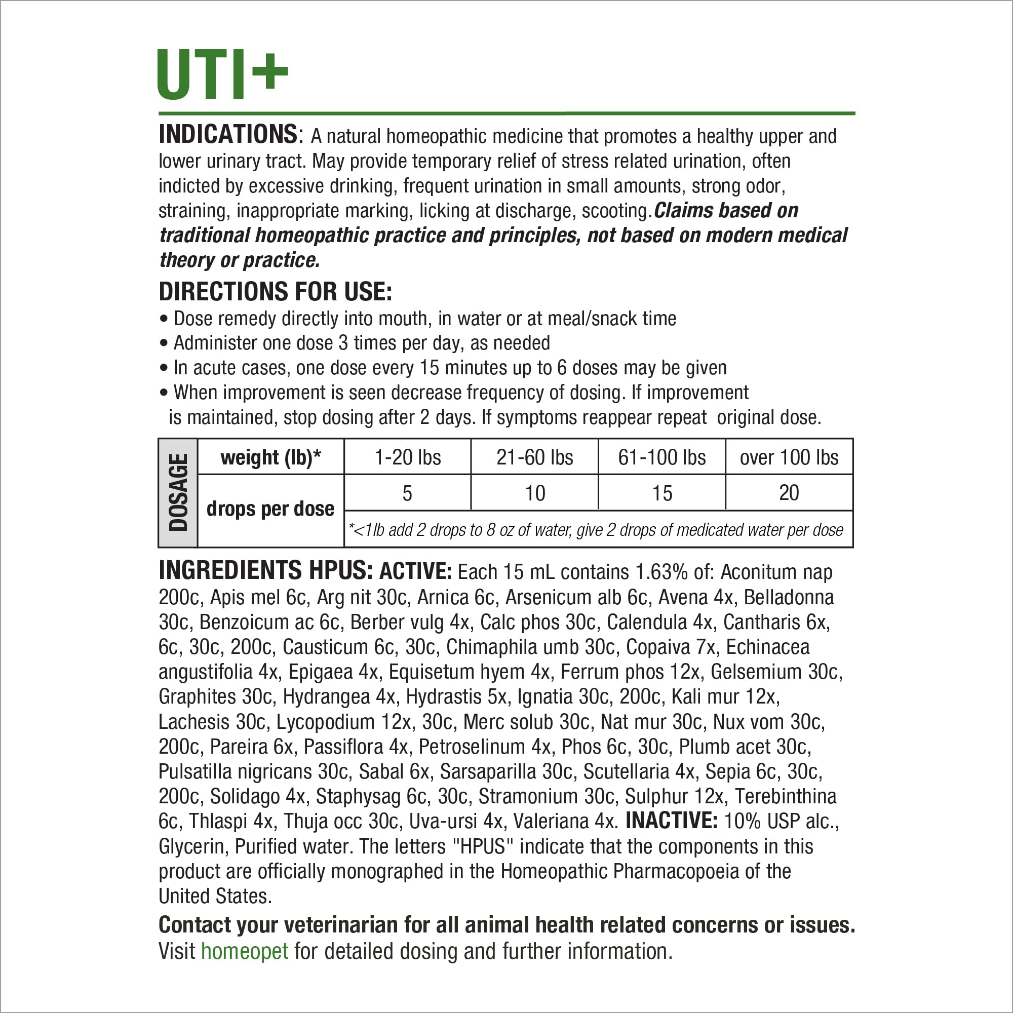 HomeoPet UTI+ chien, adapté à tous les âges.