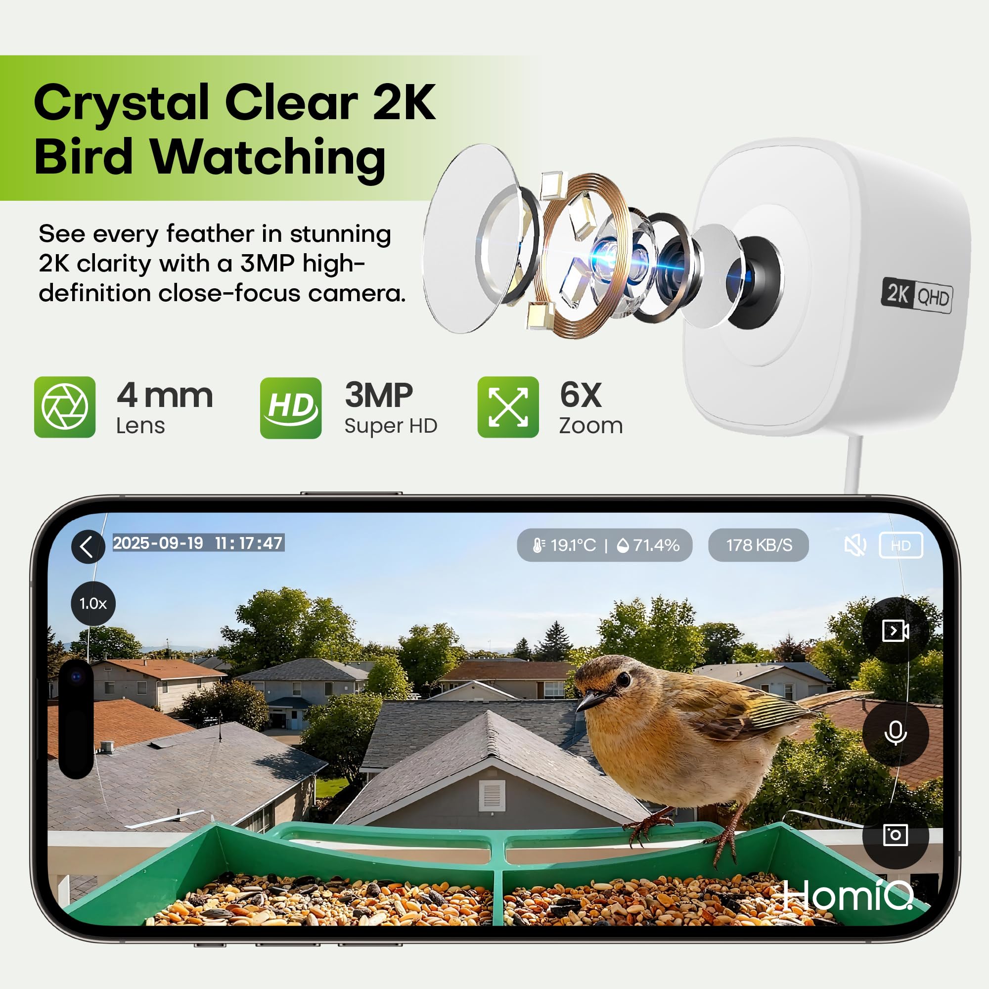 HomiQ Life Smart Bird Feeder avec ventouses exterieures assure une installation stable même en presence d oiseaux.