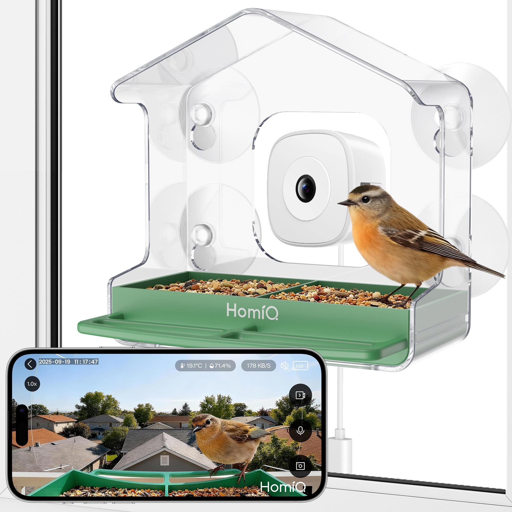 HomiQ Life Smart Bird Feeder: vue fenêtre 2K pour observer les oiseaux en détail.