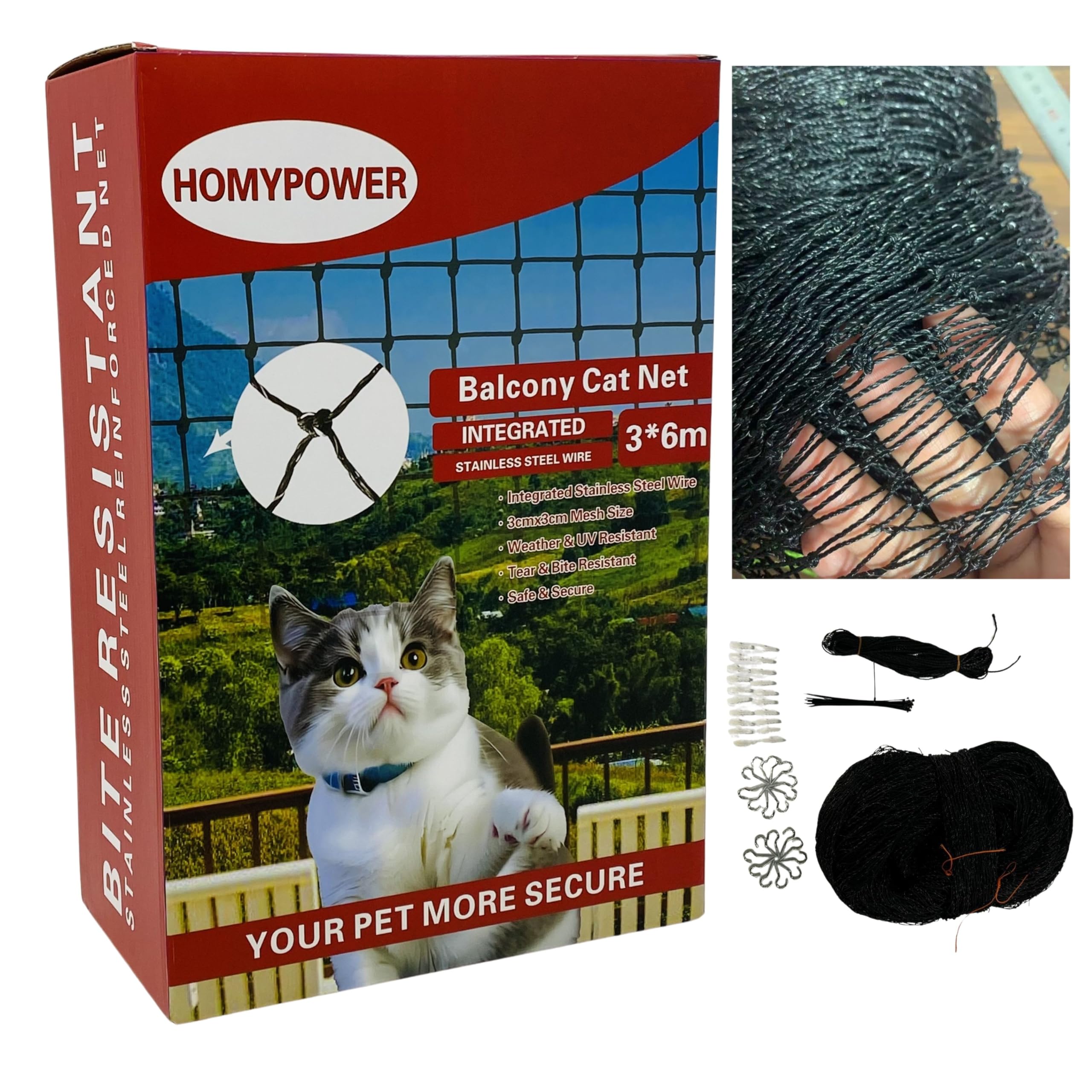 HOMYPOWER filet-chat-balcon installation facile et accessoires inclus pour sécurité