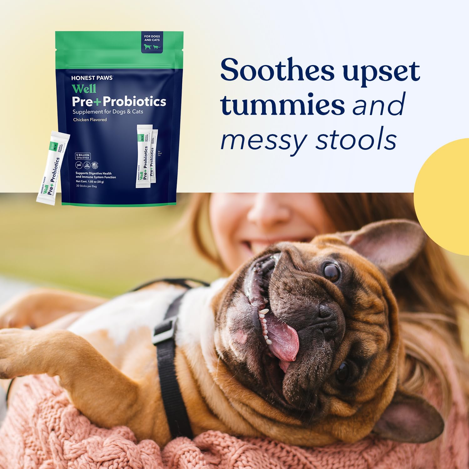 Honest Paws Probiotiques – soutien potentiel du microbiome et de l’immunité générale.