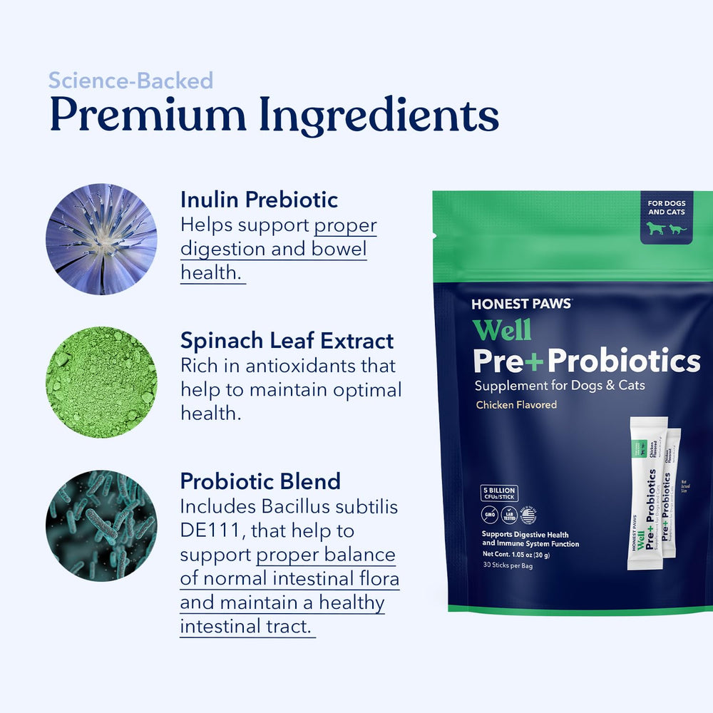 Honest Paws Probiotiques – saveur poulet appétissante pour faciliter le repas.