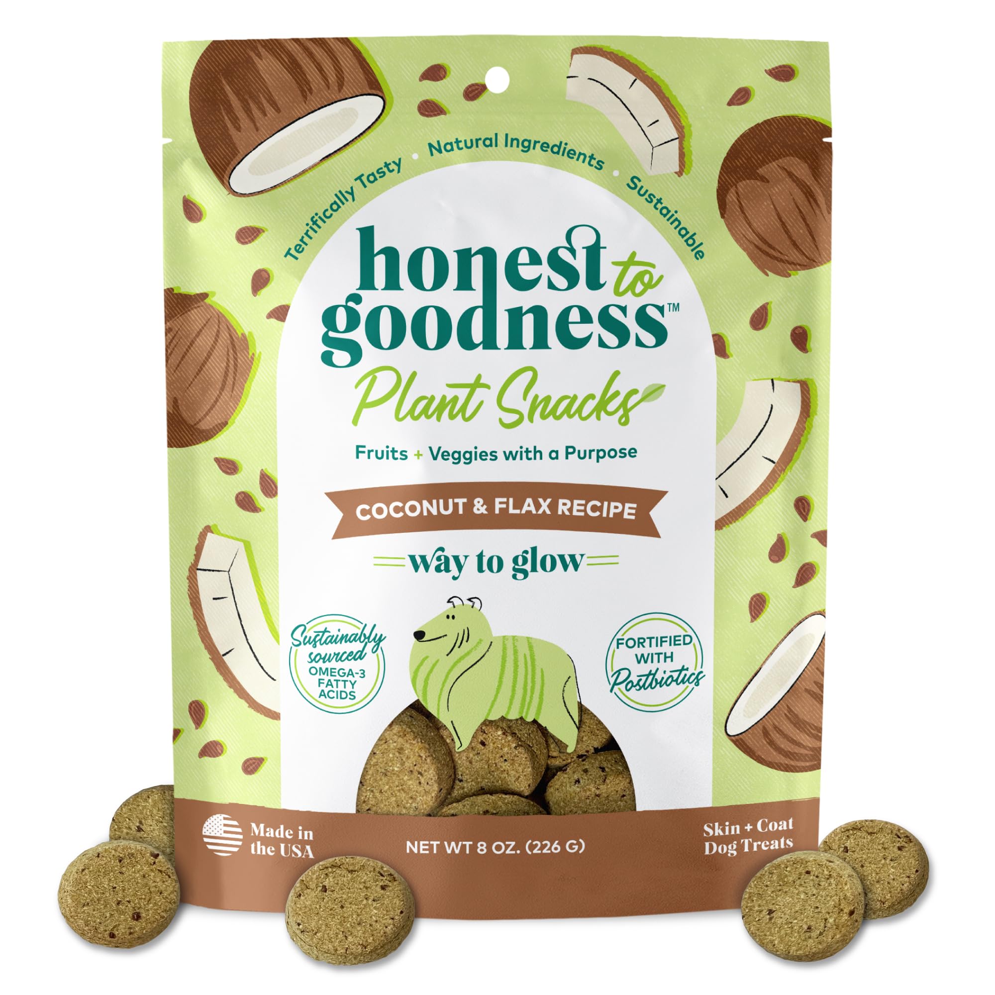 Friandises Honest to Goodness Way to Glow pour chien en pack-shot, récompense savoureuse.