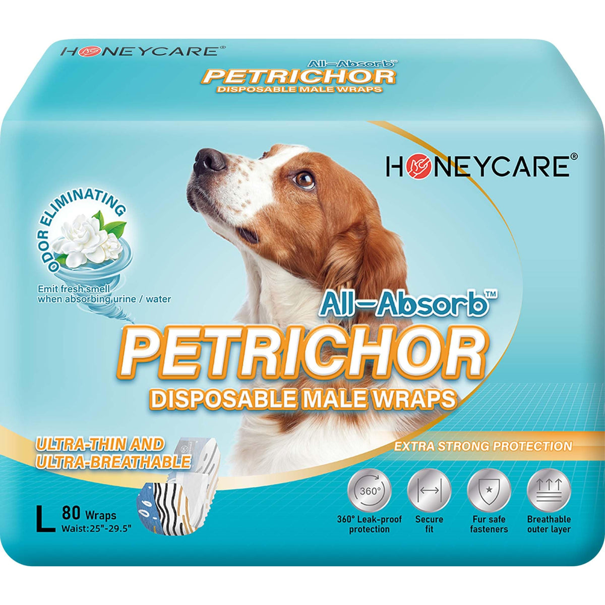 Honey Care Petrichor Wraps, design imprimé, protection élégante pour chien actif.
