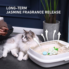 Tablettes Honey Care pour litière chat jasmin bleu, neutralisent les odeurs durablement.