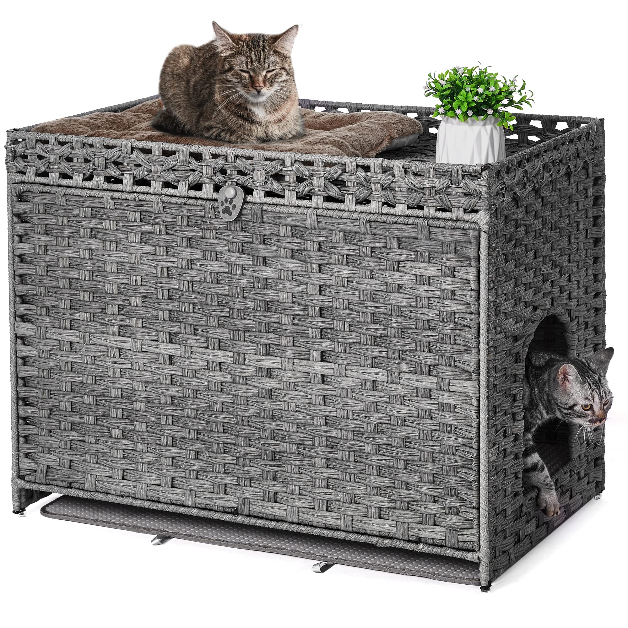 Honiakaka enclos litière chat rotin gris, espace privé pratique.