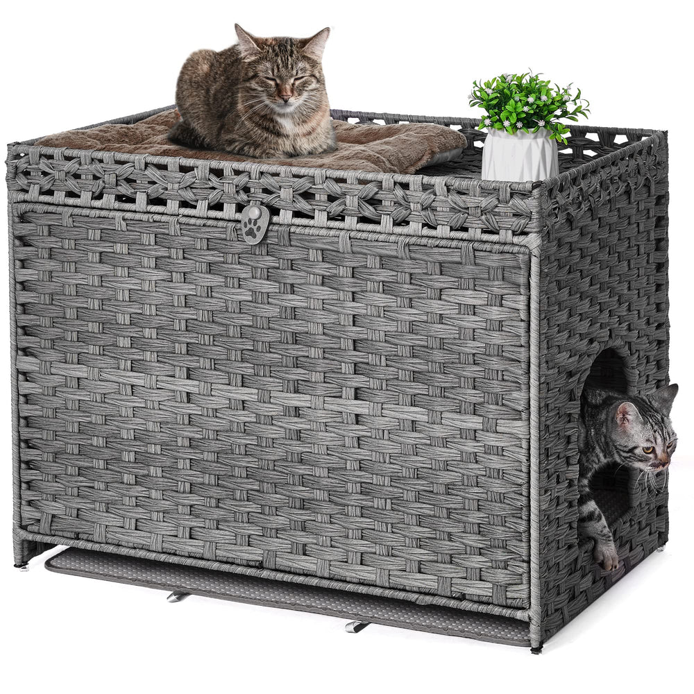 Honiakaka enclos litière chat rotin gris, espace privé pratique.