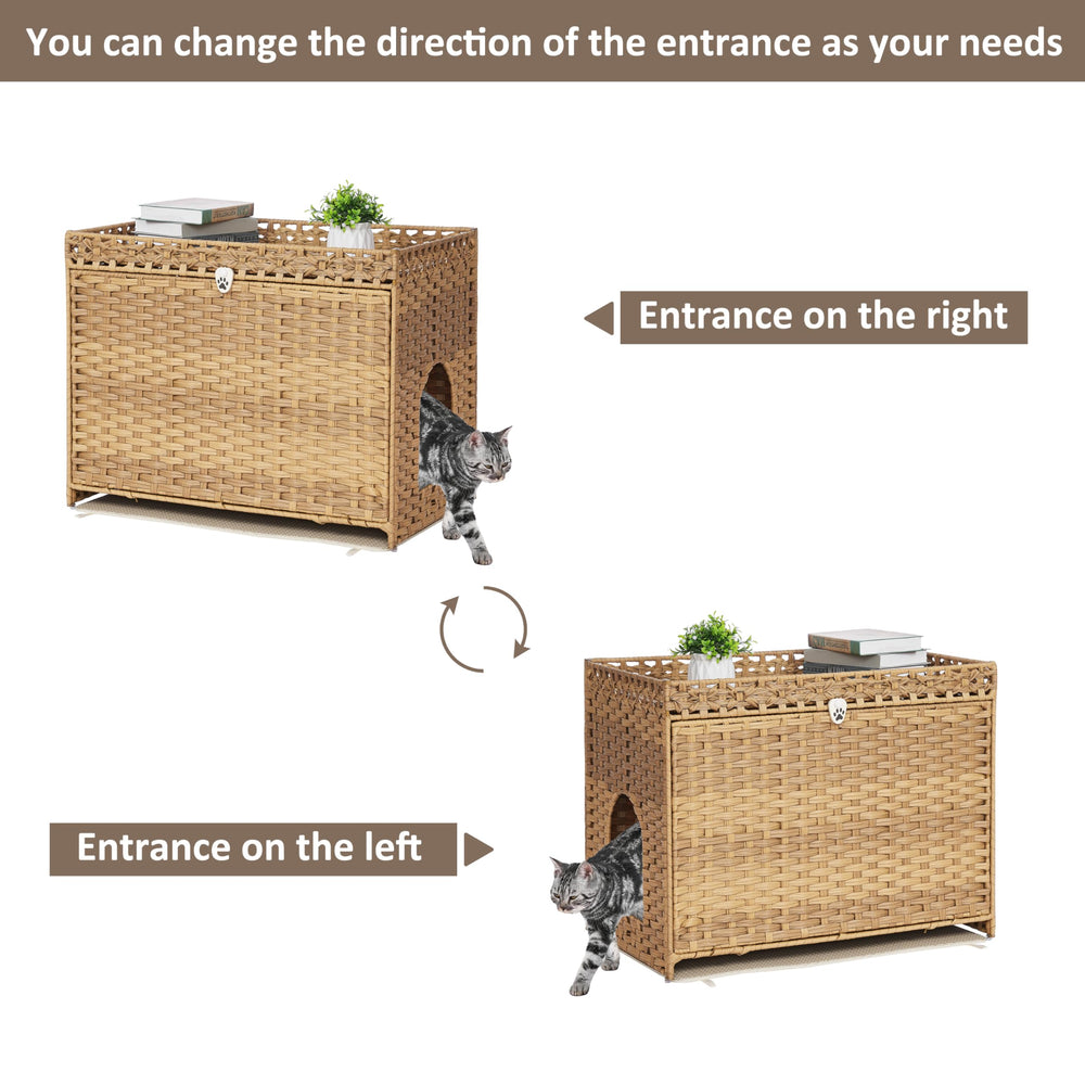 Table basse ou meuble fonctionnel combinant litière et rangement.