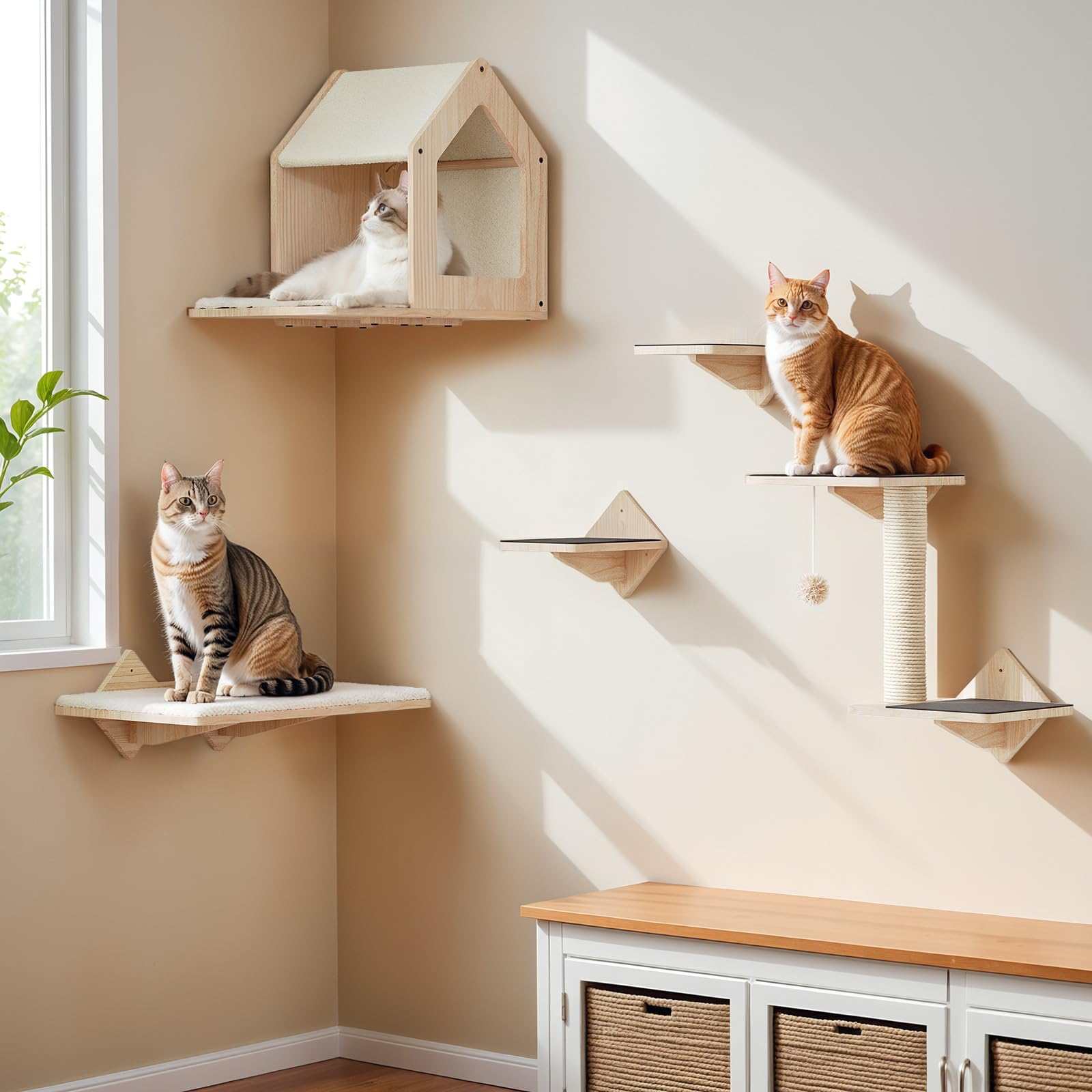 HOOBRO étagères chats: bois solide et design naturel qui s'intègrent au salon.