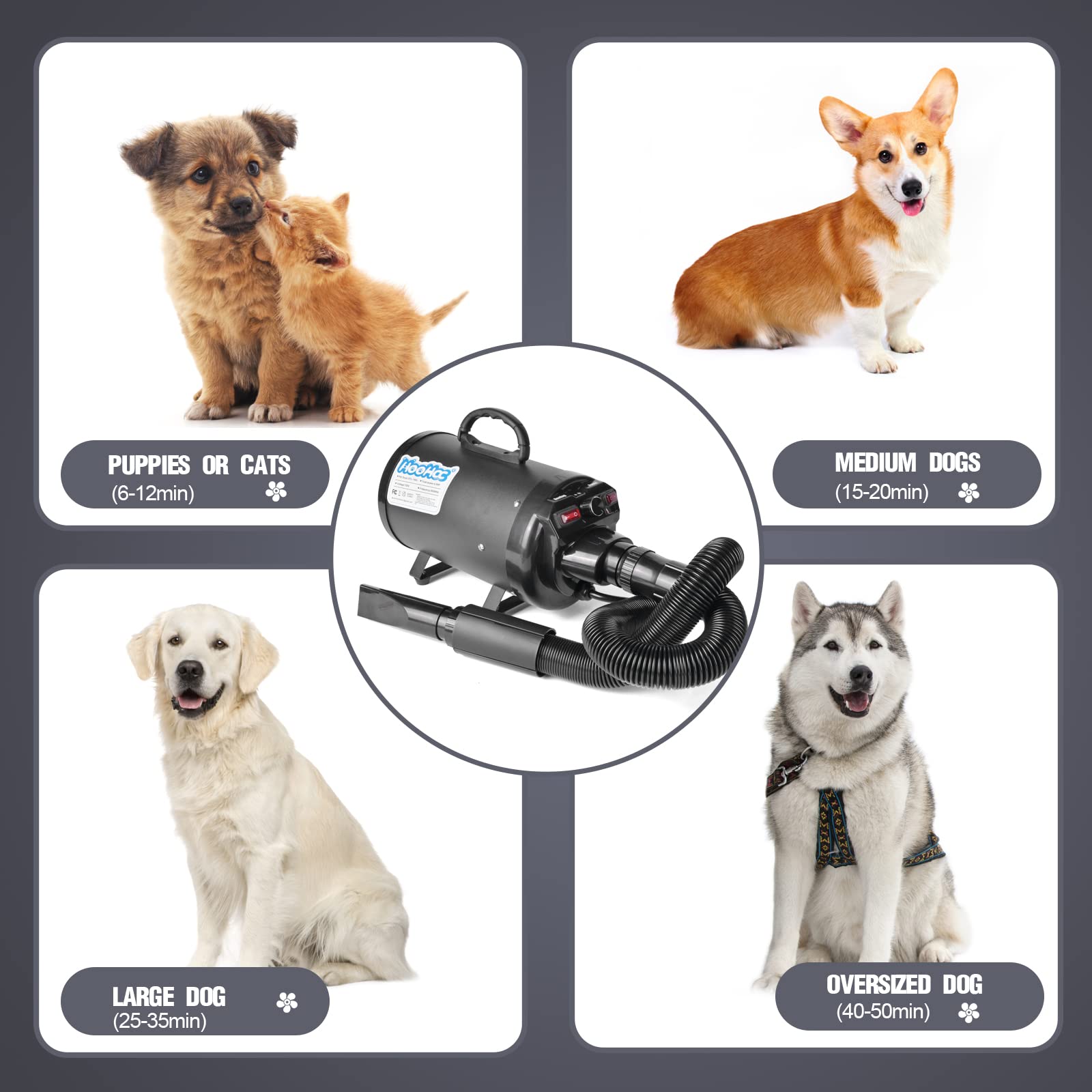 HooHcc Sécheur Chien boitier silencieux pour une expérience calme.
