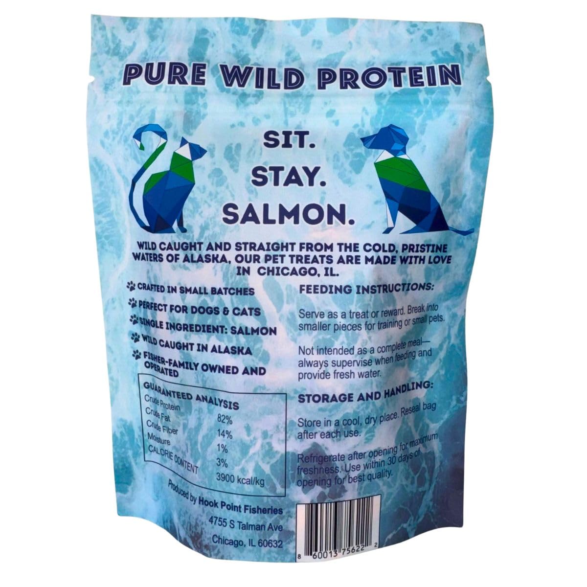 Morceaux lyophilisés saumon sockeye Hook Point Fisheries, riche en oméga-3 pour pelage sain.