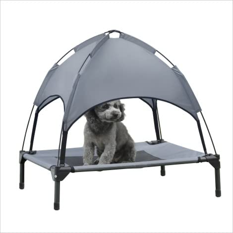 Hooyeatlin lit chien elevé avec canopée, cadre en fer gris, stabilité accrue.