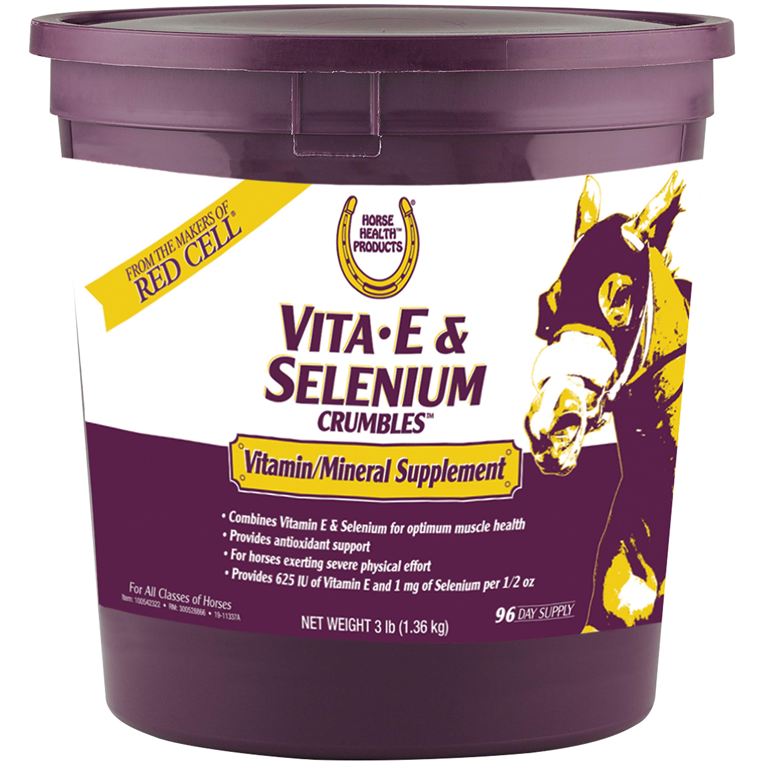 Horse Health Vitamine E et Sélénium - granulés dans bouteille, soutien antioxydant potentiel pour chevaux actifs.
