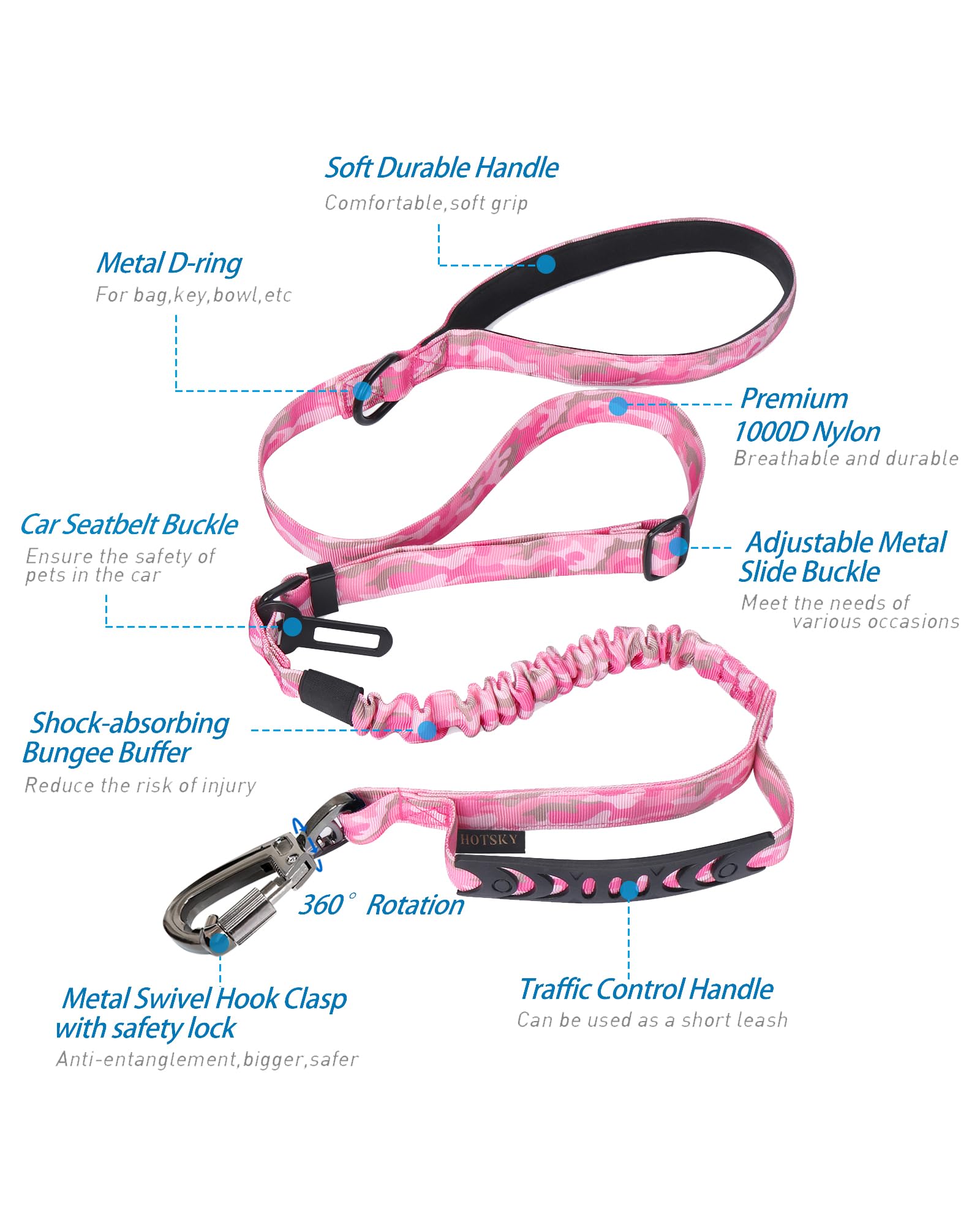 Laisse Hotsky avec bungee élastique, équilibre liberté et contrôle pendant la marche.