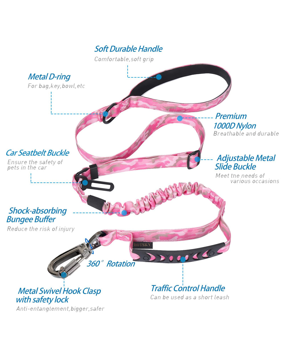 Laisse Hotsky avec bungee élastique, équilibre liberté et contrôle pendant la marche.