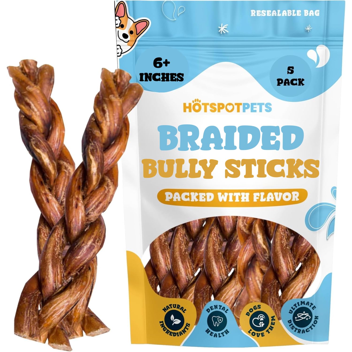 Hotspot Pets bâtons de bœuf tressés de 6 pouces, prêt à mâcher