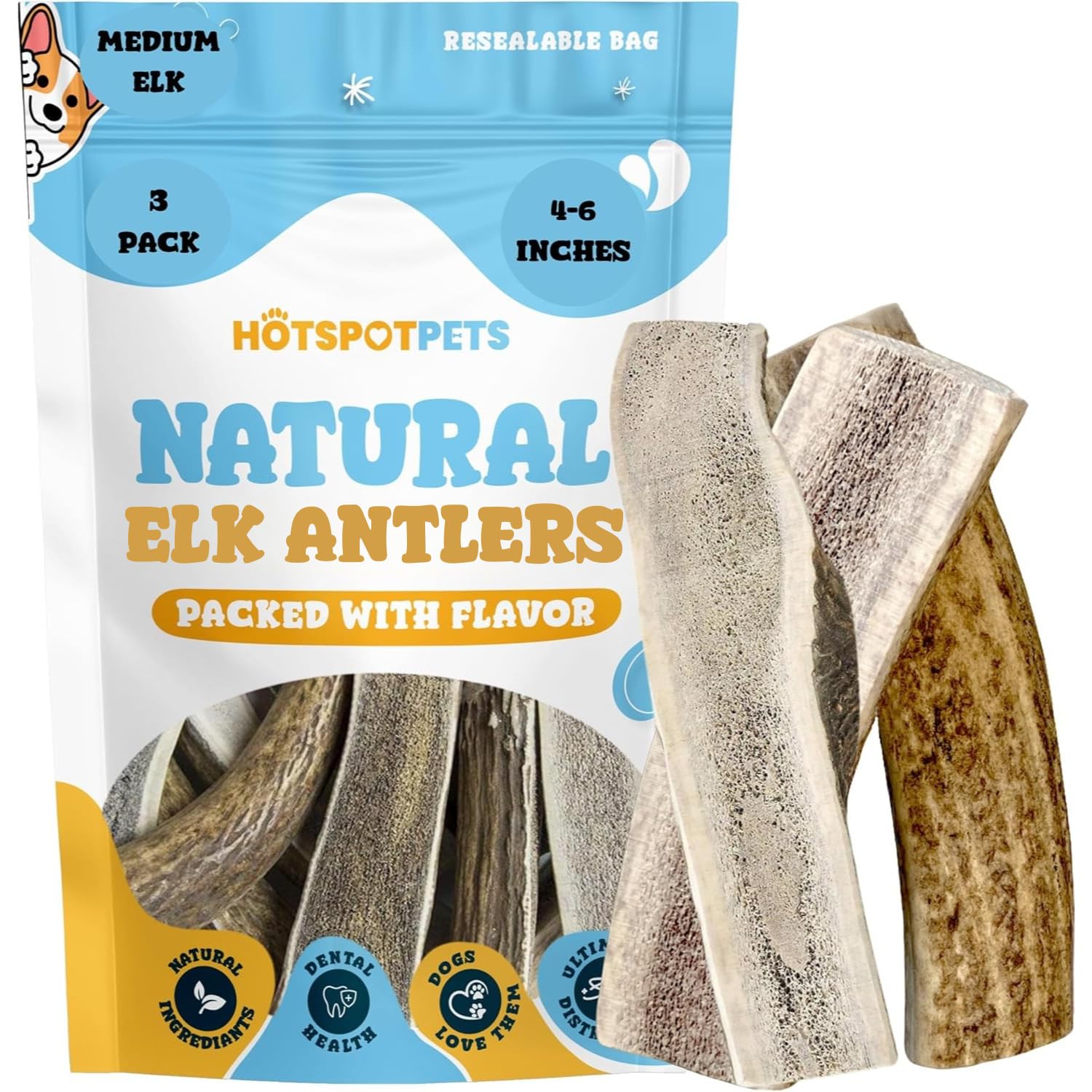 Hotspot Pets cornes d'elan fendues pour chiens moyens, longueur 4-6 pouces, activité durable.