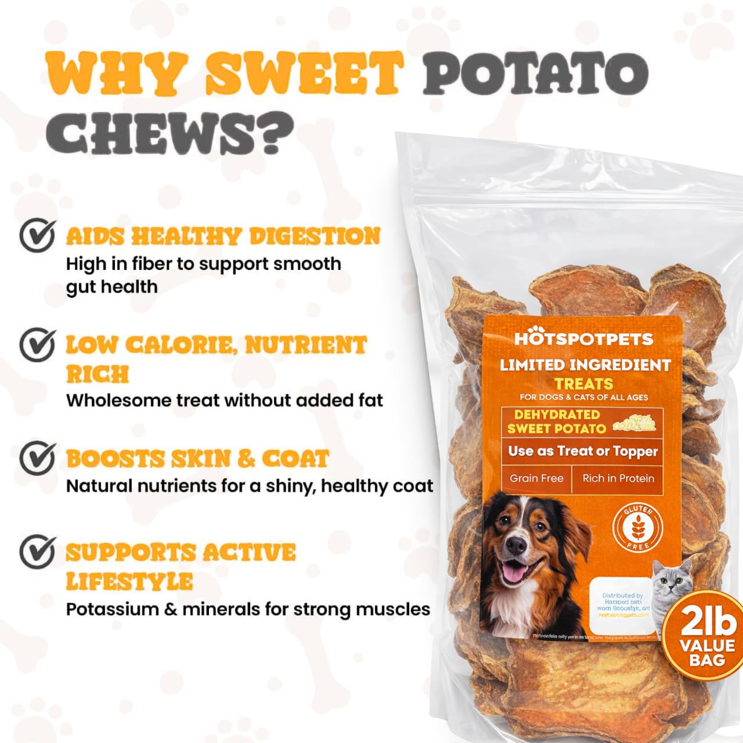 Friandise patate douce sans cereales Hotspot Pets, idéal pour chiens sensibles.