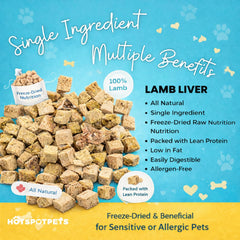 Friandises foie d'agneau lyophilisées Hotspot Pets, petits morceaux pour chiens et chats.