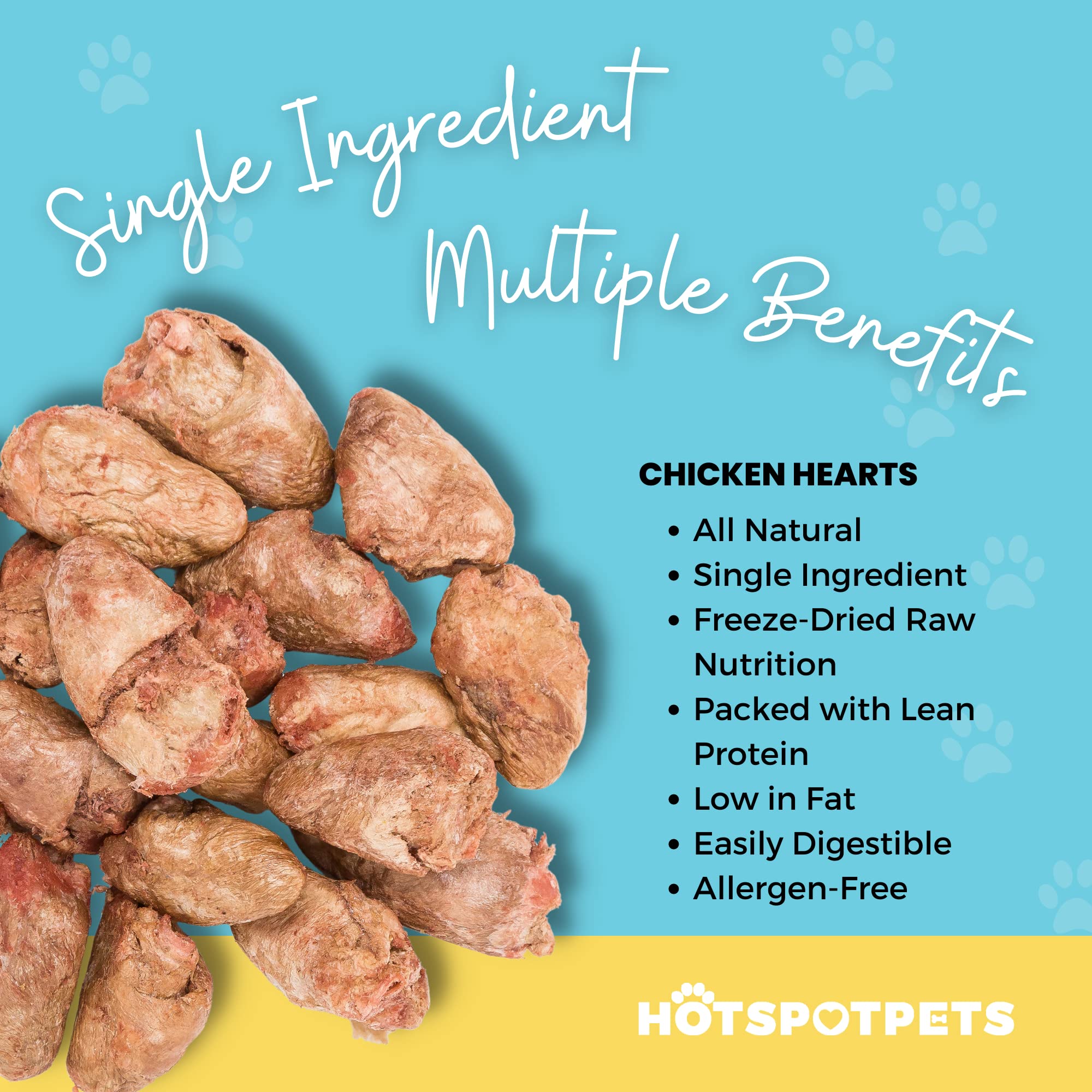 Hotspot Pets morceaux-coeur-poulet-seches, texture appétissante pour chien et chat.