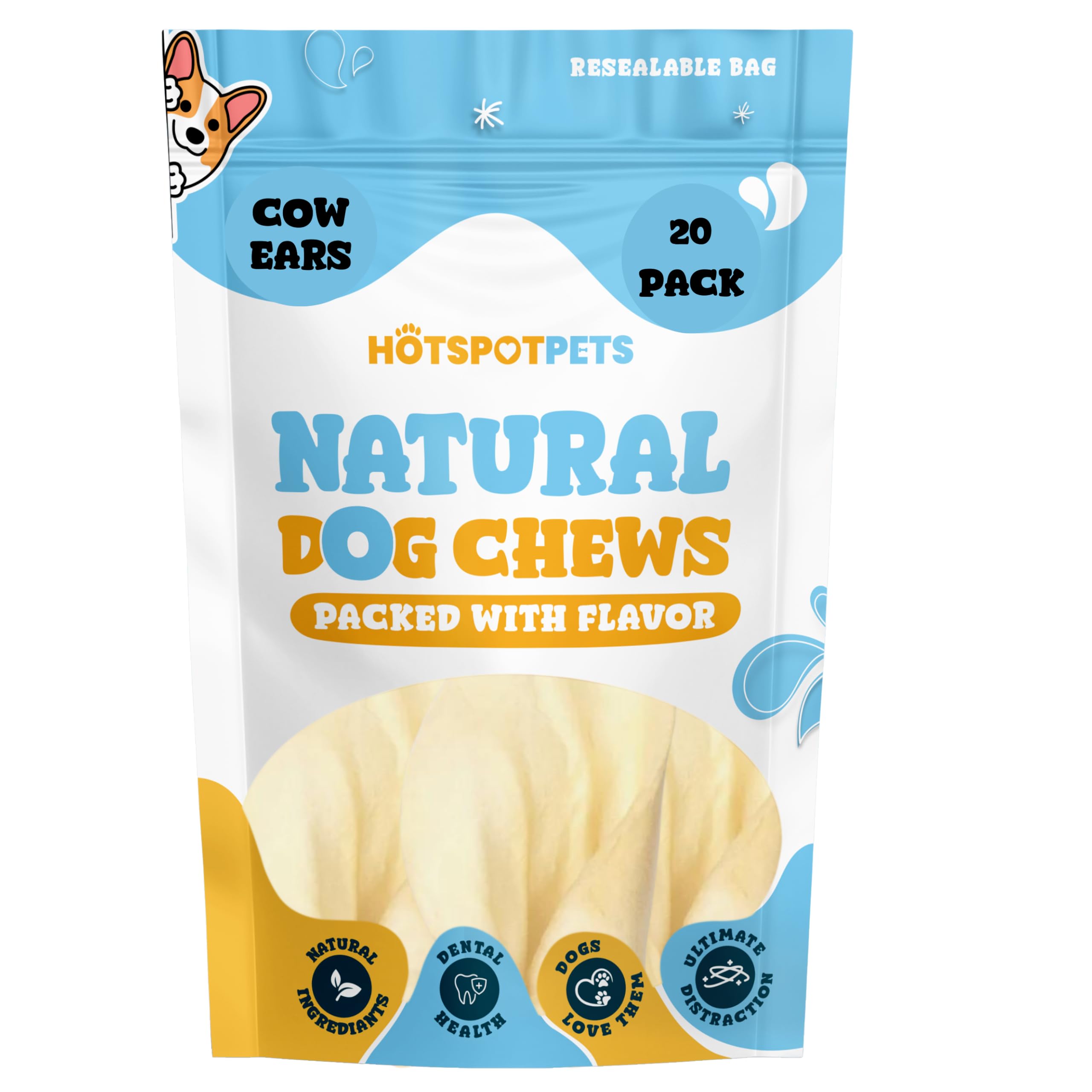 Hotspot Pets Oreilles de boeuf naturelles pack 20, emballage pratique et divertissant