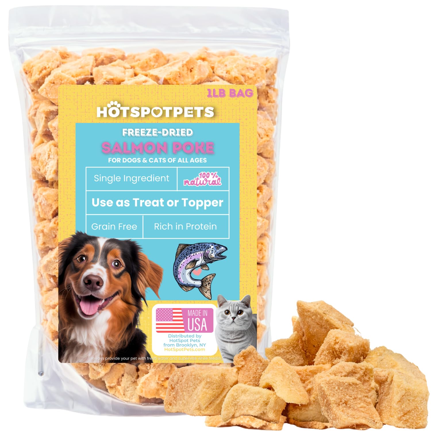 Friandise Hotspot Pets saumon séché en bol, idéale pour chiens et chats.