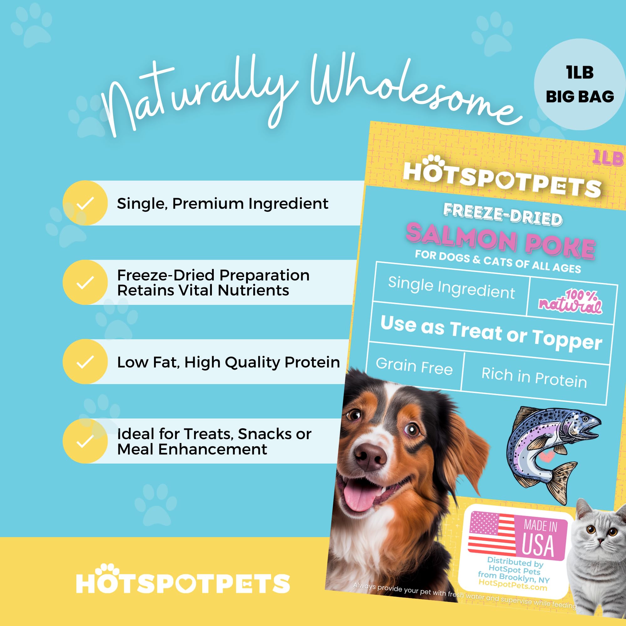 Topper croquettes Hotspot Pets saumon séché pour enrichir les repas.