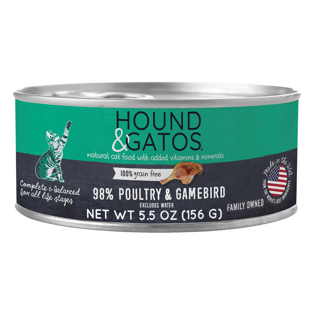 Nourriture humide HOUND & GATOS, conserve 98% viande, poulet et gibier, riche en protéines.