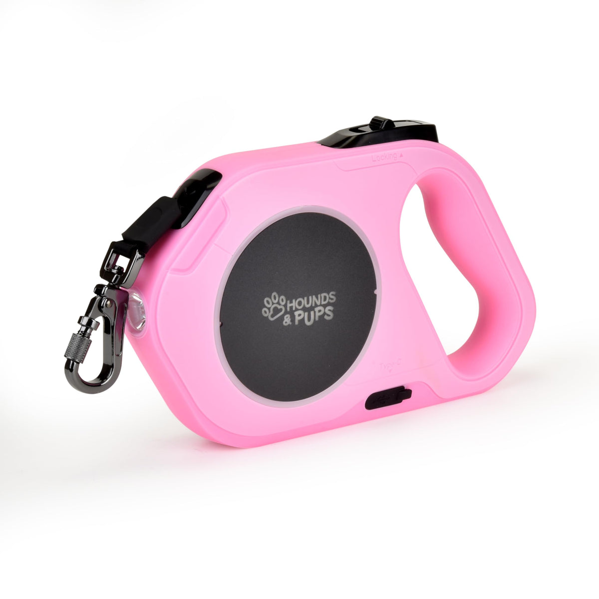 Laisse rétractable Hounds and Pups rose avec LED pour visibilité nocturne.