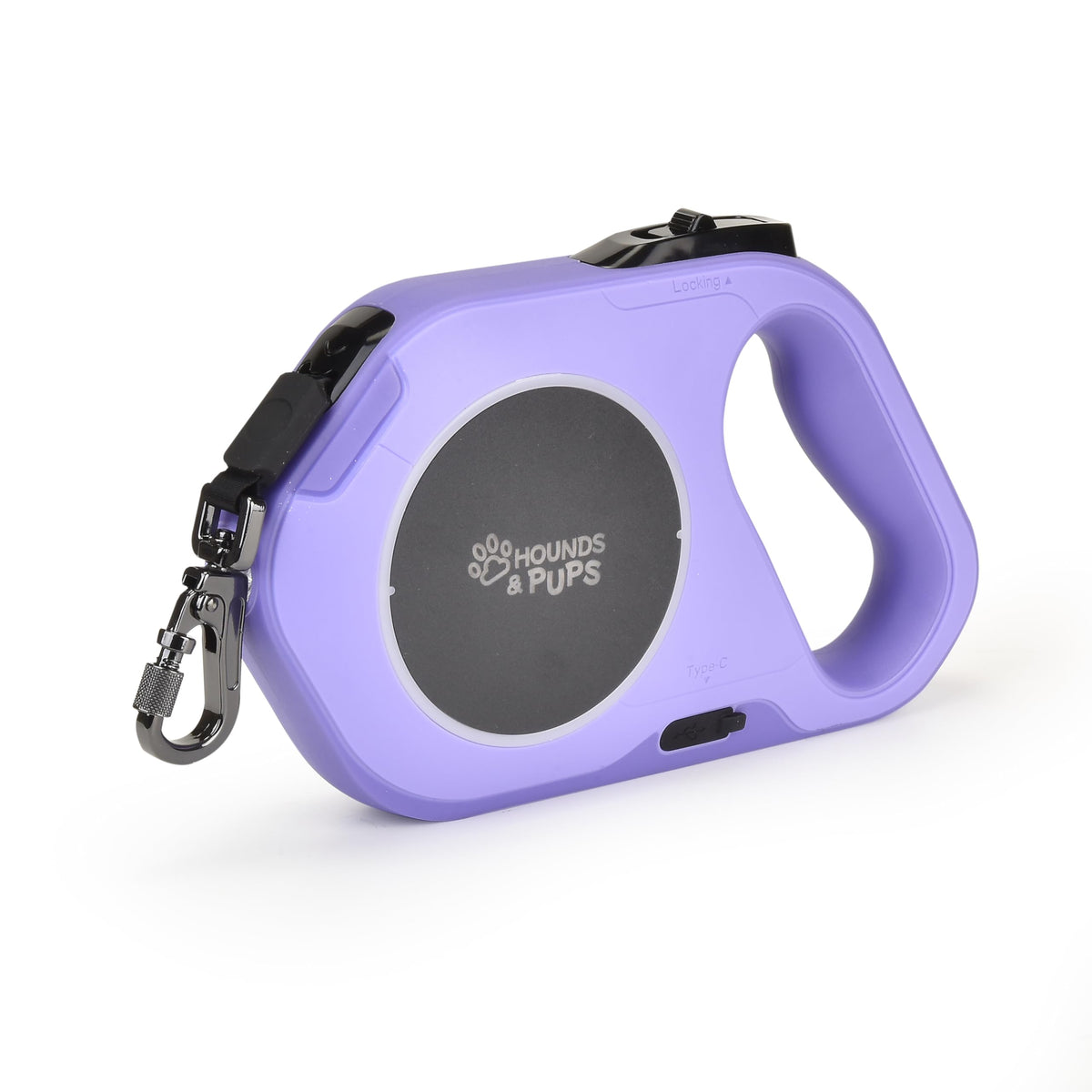 Laisse rétractable Hounds & Pups avec lumière LED violet pour sorties nocturnes.