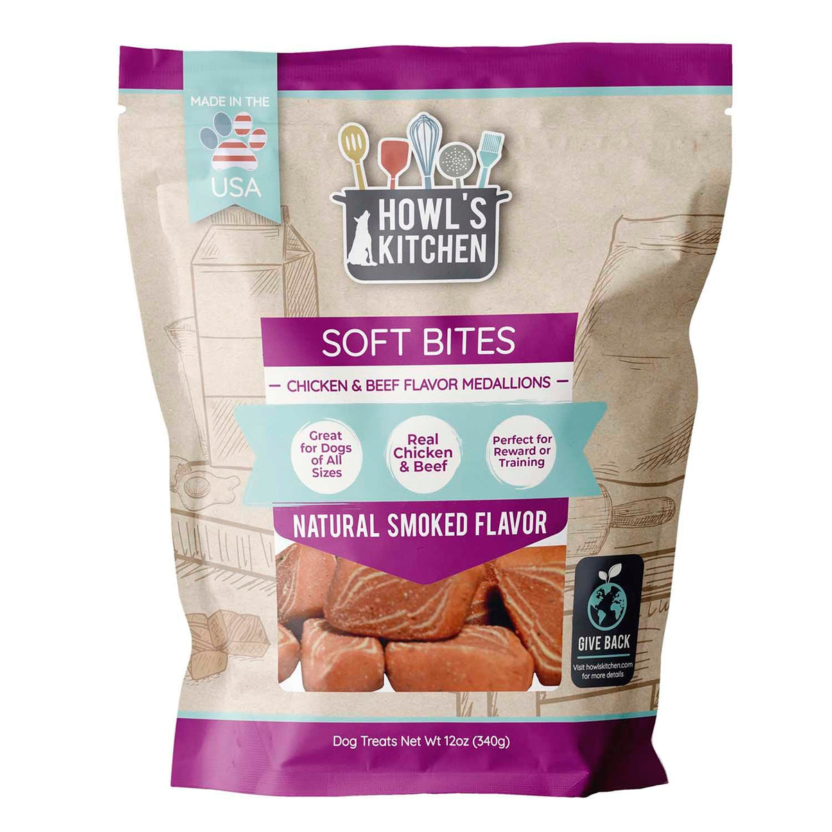 Howl's Kitchen Soft Bites, sachet 12 oz, friandise tendre idéale pour l'entraînement.