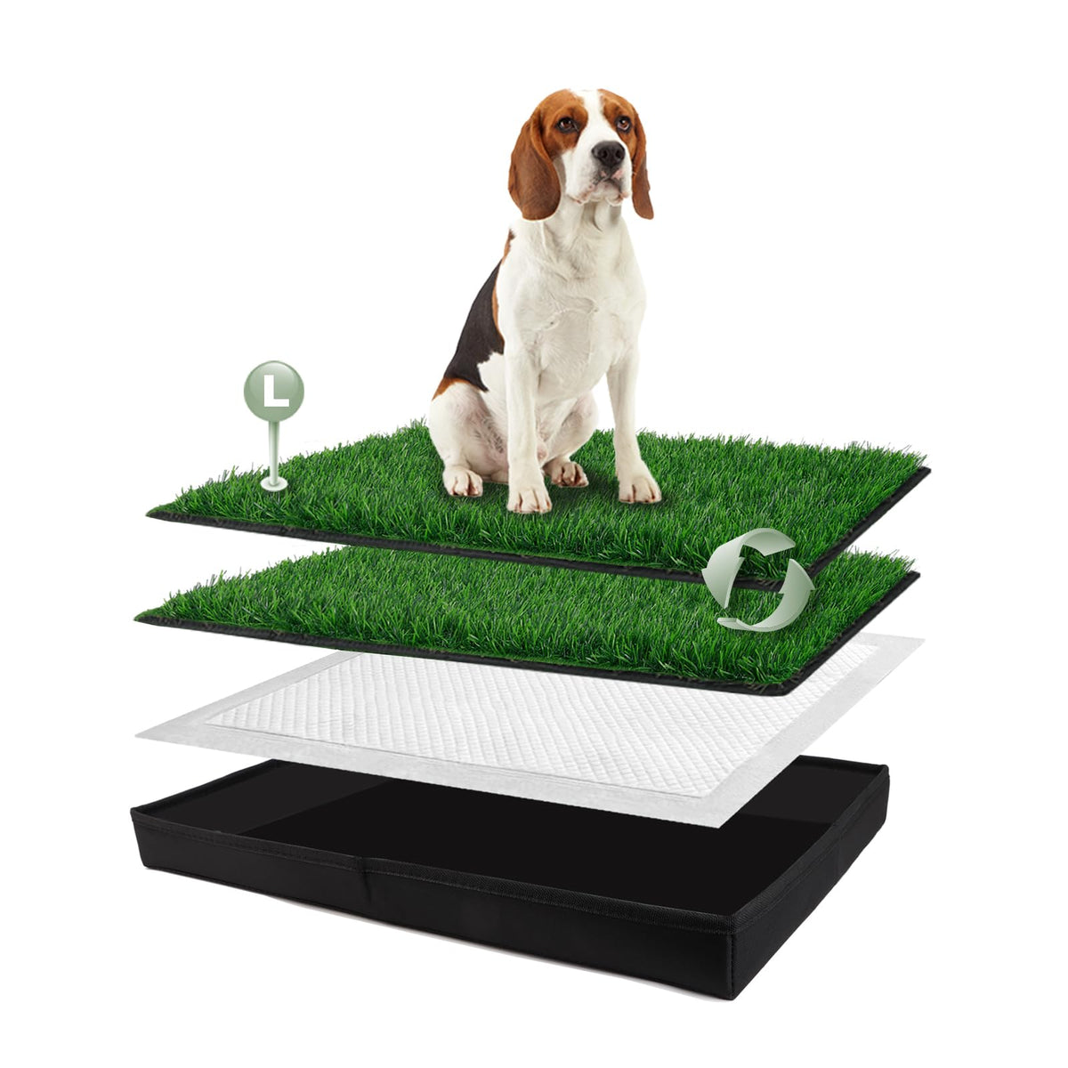 HQ4US 4LEGS litière pour chien avec gazon artificiel, surface pratique et durable.