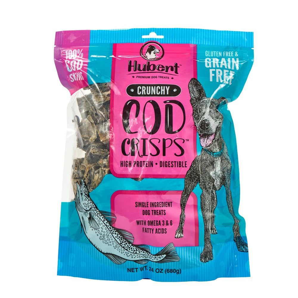 Hubert Pet Premium Crisps peau de cabillaud: texture croustillante et oméga-3 pour le pelage.