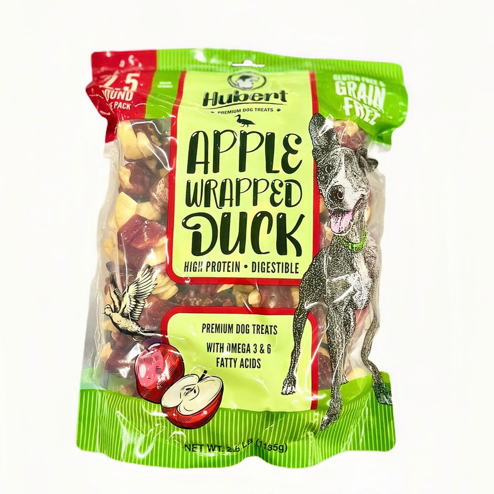 Hubert Premium Friandises pour chien: emballage ferme montrant bouchées canard-pomme.