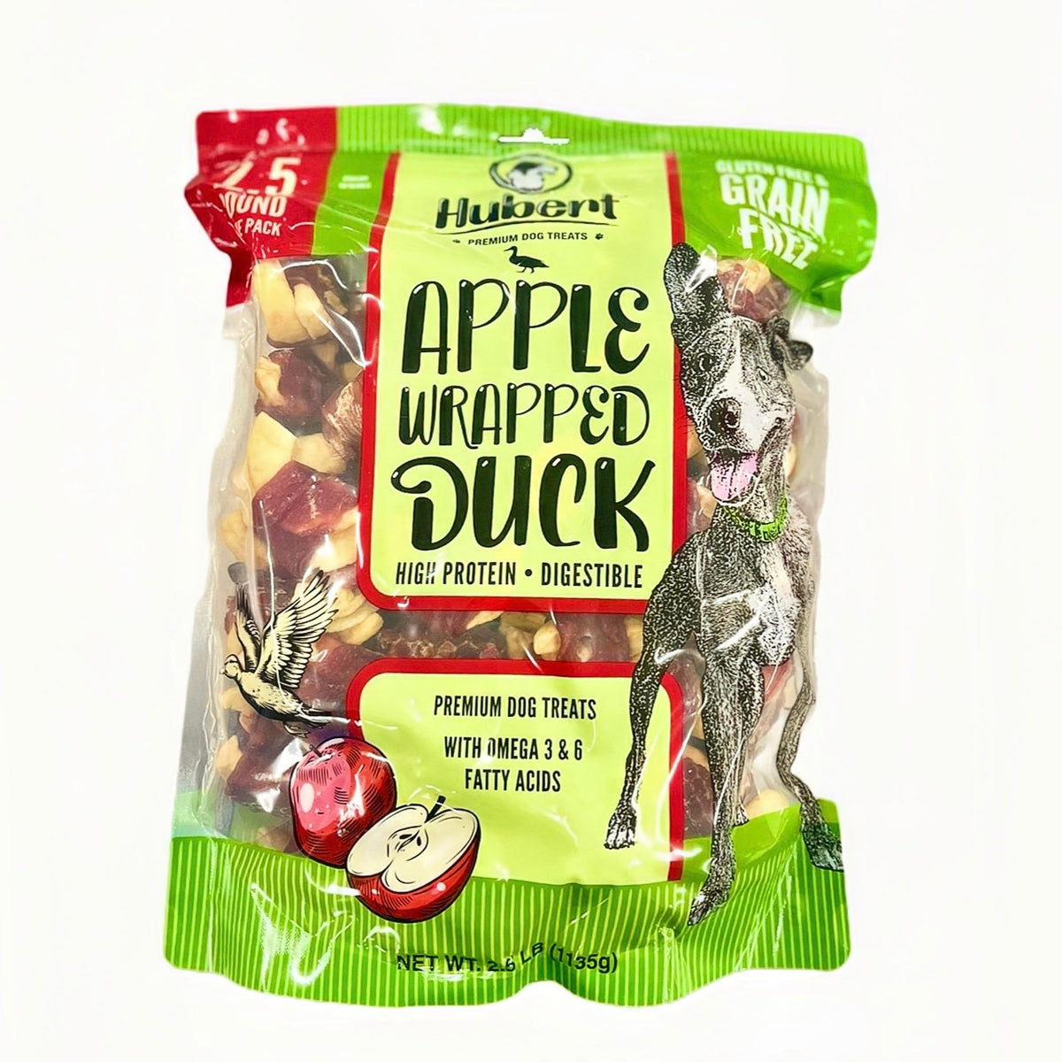Hubert Premium Friandises pour chien: emballage ferme montrant bouchées canard-pomme.