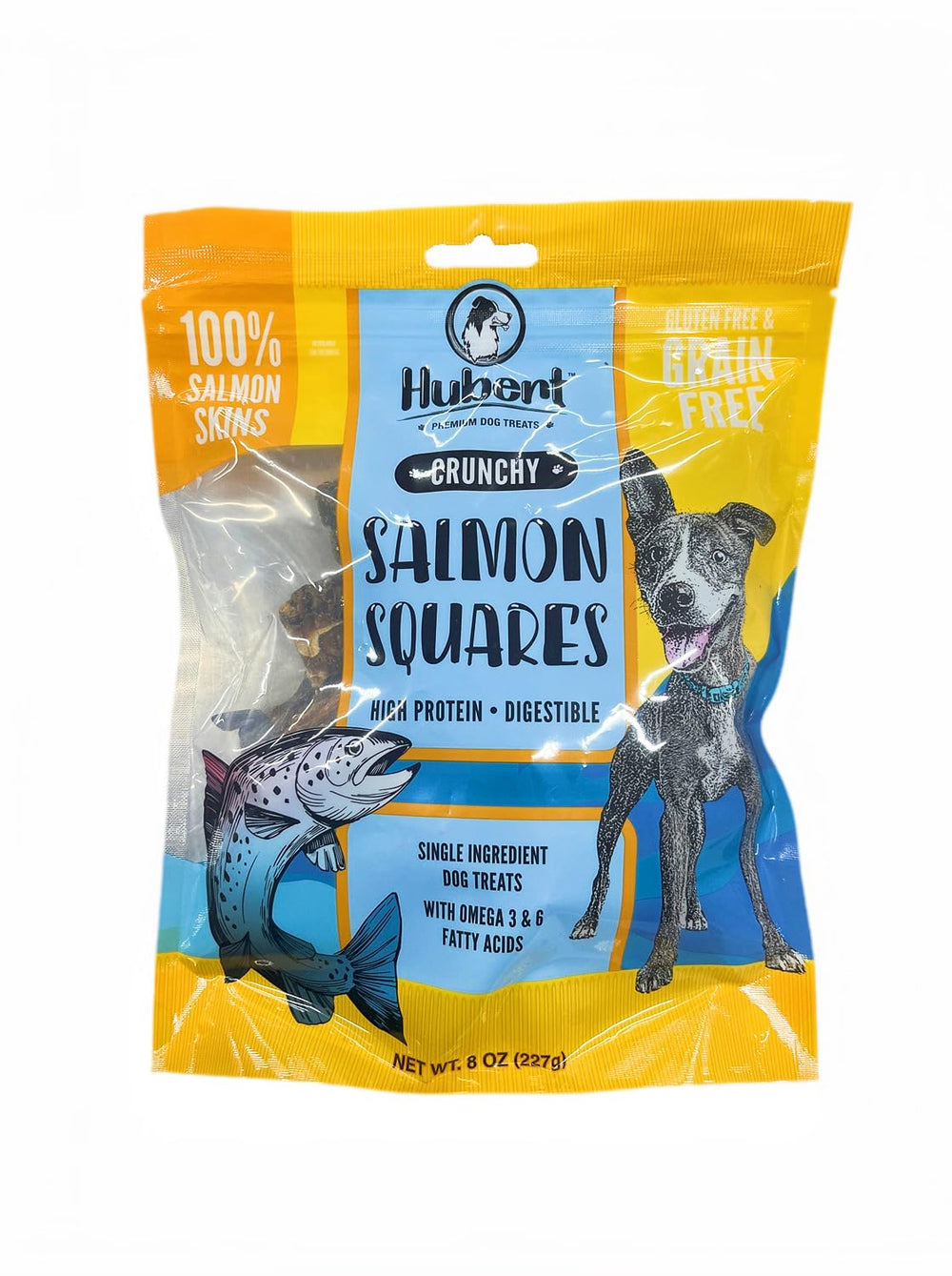 Hubert Premium Peau de Saumon – sachet ouvert, friandise naturelle et croquante pour chien.