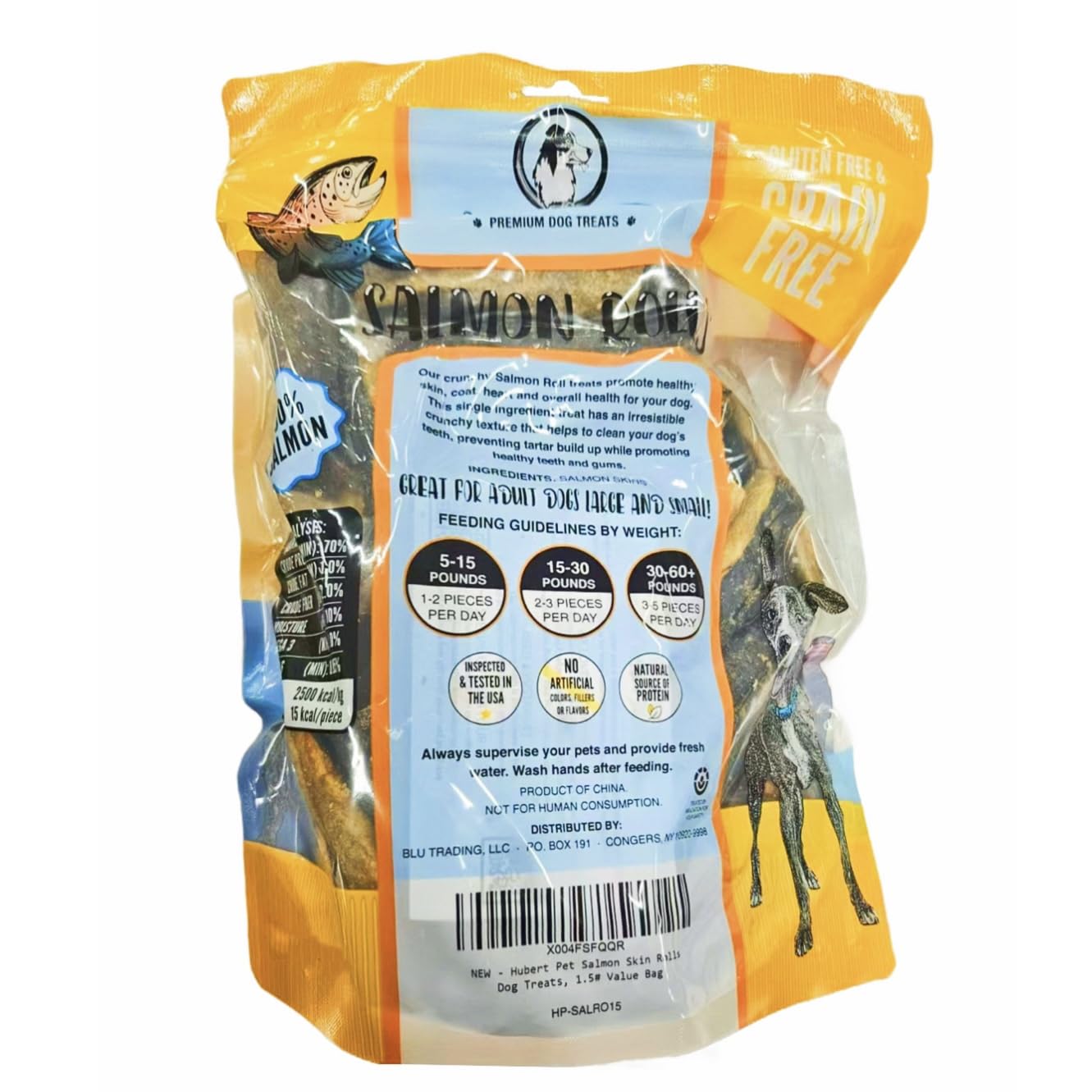 Hubert Pet rouleaux peau de saumon avec texture croquante appréciée par les chiens.