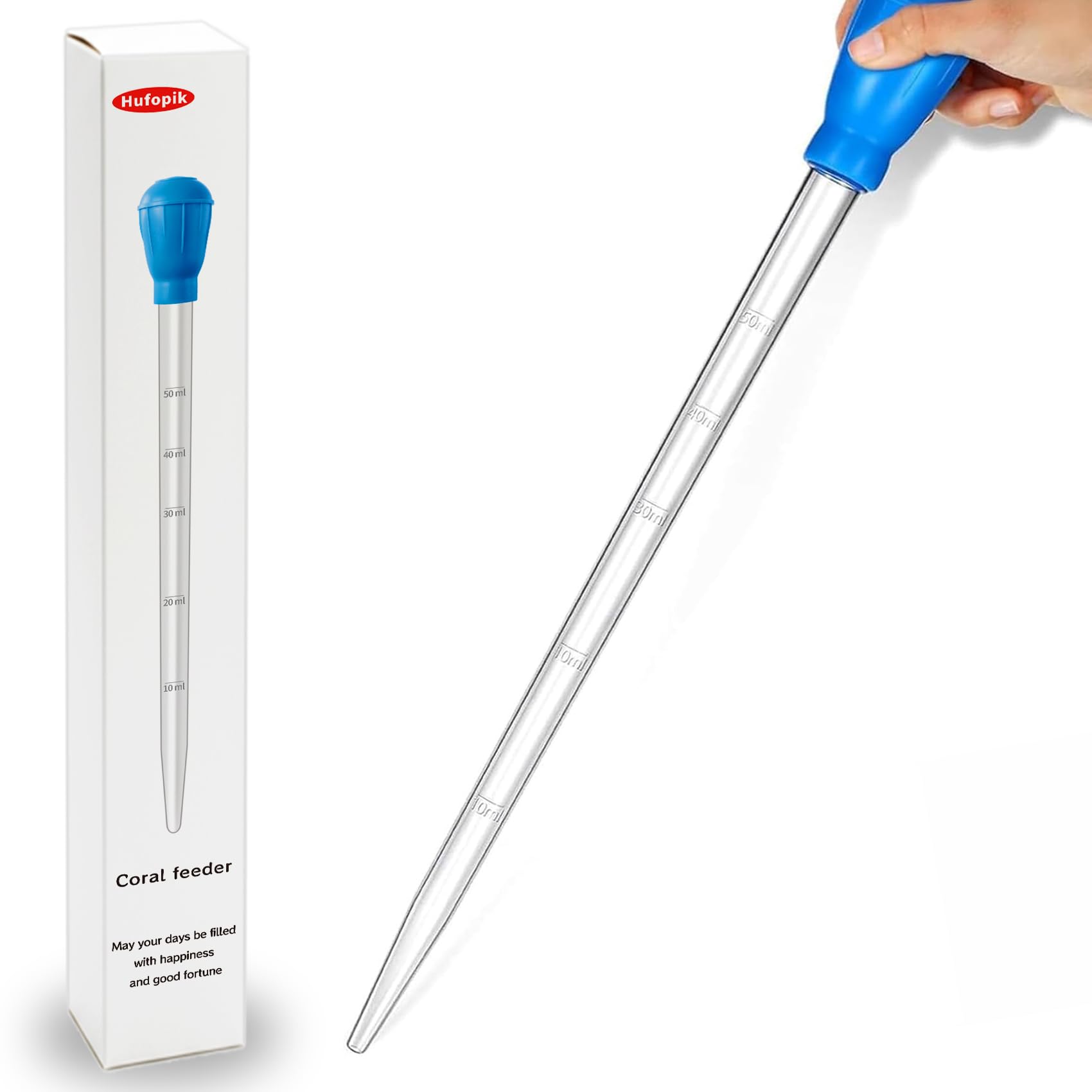 Pipette longue Hufopik pour nourrir l'aquarium jusqu'aux zones profondes, outil précis.