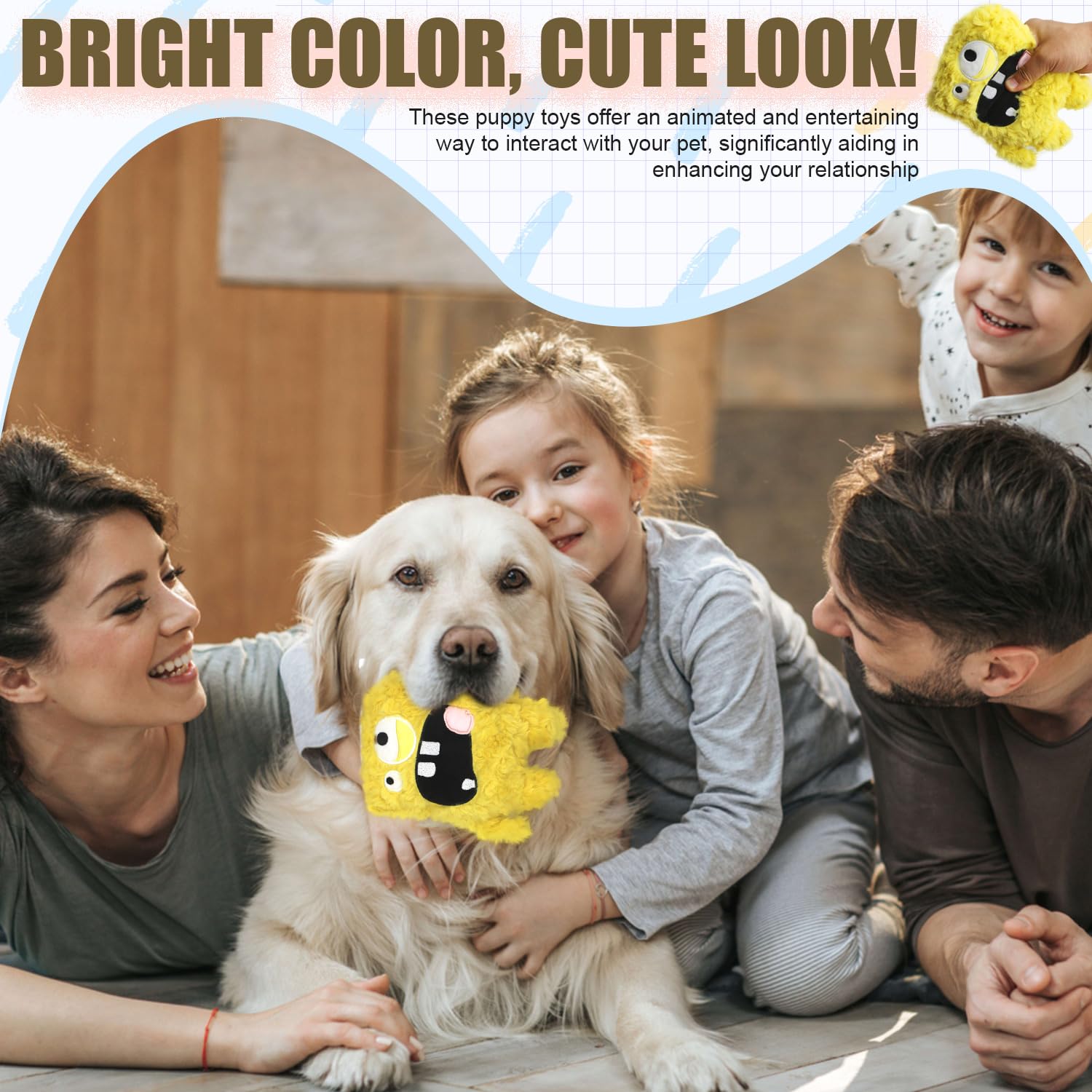 Joie quotidienne avec Hugeme, chien jouet jaune, compagnonnage tendre.