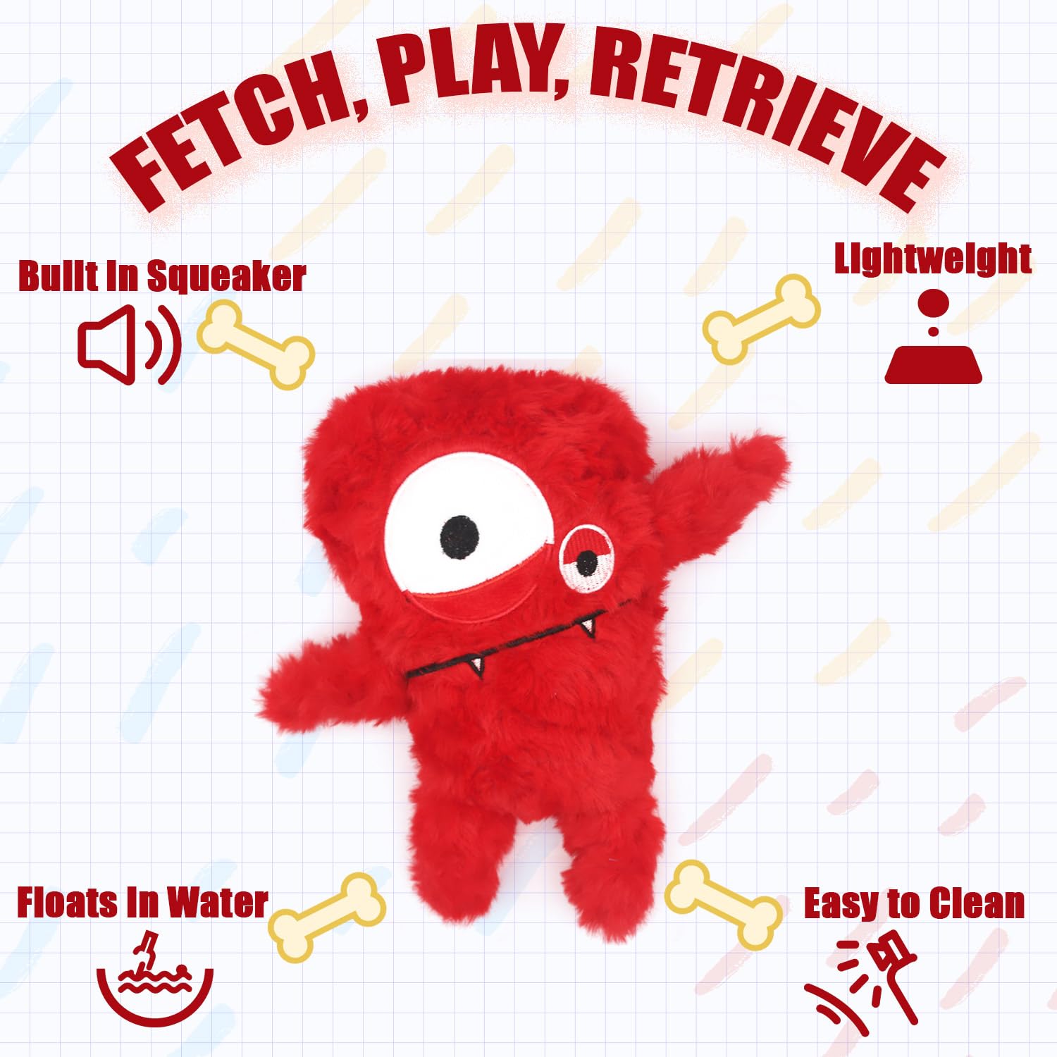 HUGEME - jouet peluche interactif rouge, idéal pour fetch et câlins.