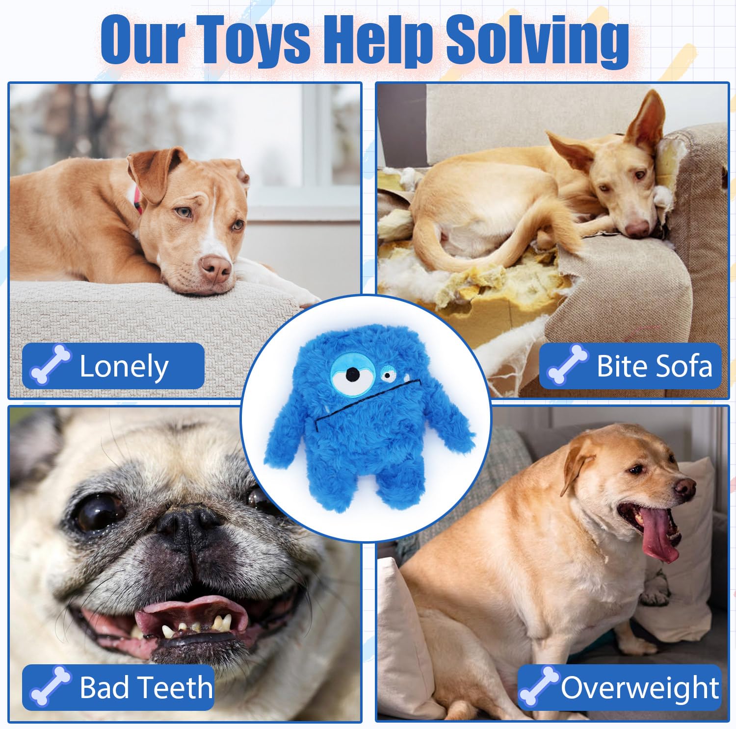 HUGEME jouet dentition doux bleu, idéal pour chiots.