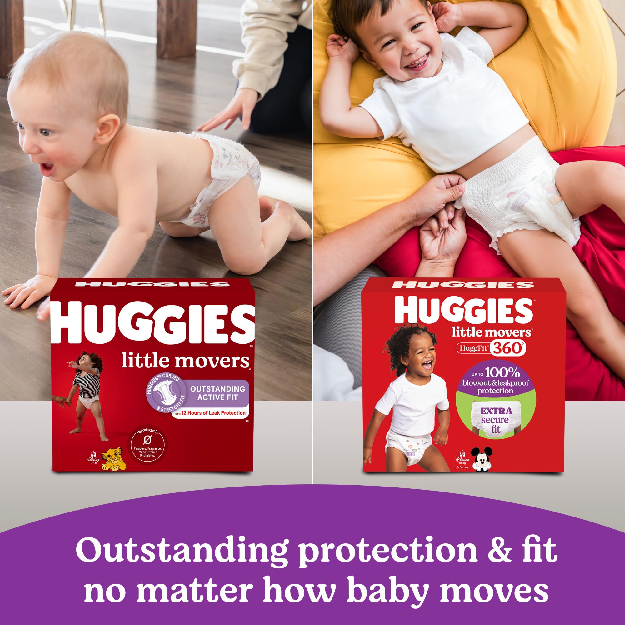 Huggies Little Movers 360-confort-mouvement : confort adapté au mouvement quotidien du bébé.