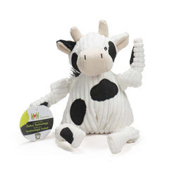 Jouet Dottie Vache Knottie par HuggleHounds, peluche durable pour chiens actifs.