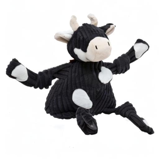 HuggleHounds Knottie peluche vache Angus coutures renforcées, durabilité accrue pour jeux vigoureux.