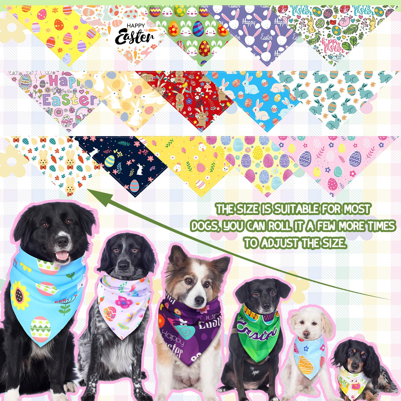 Bandanas triangle chien couleurs paques avec motifs œufs lapin et carotte.